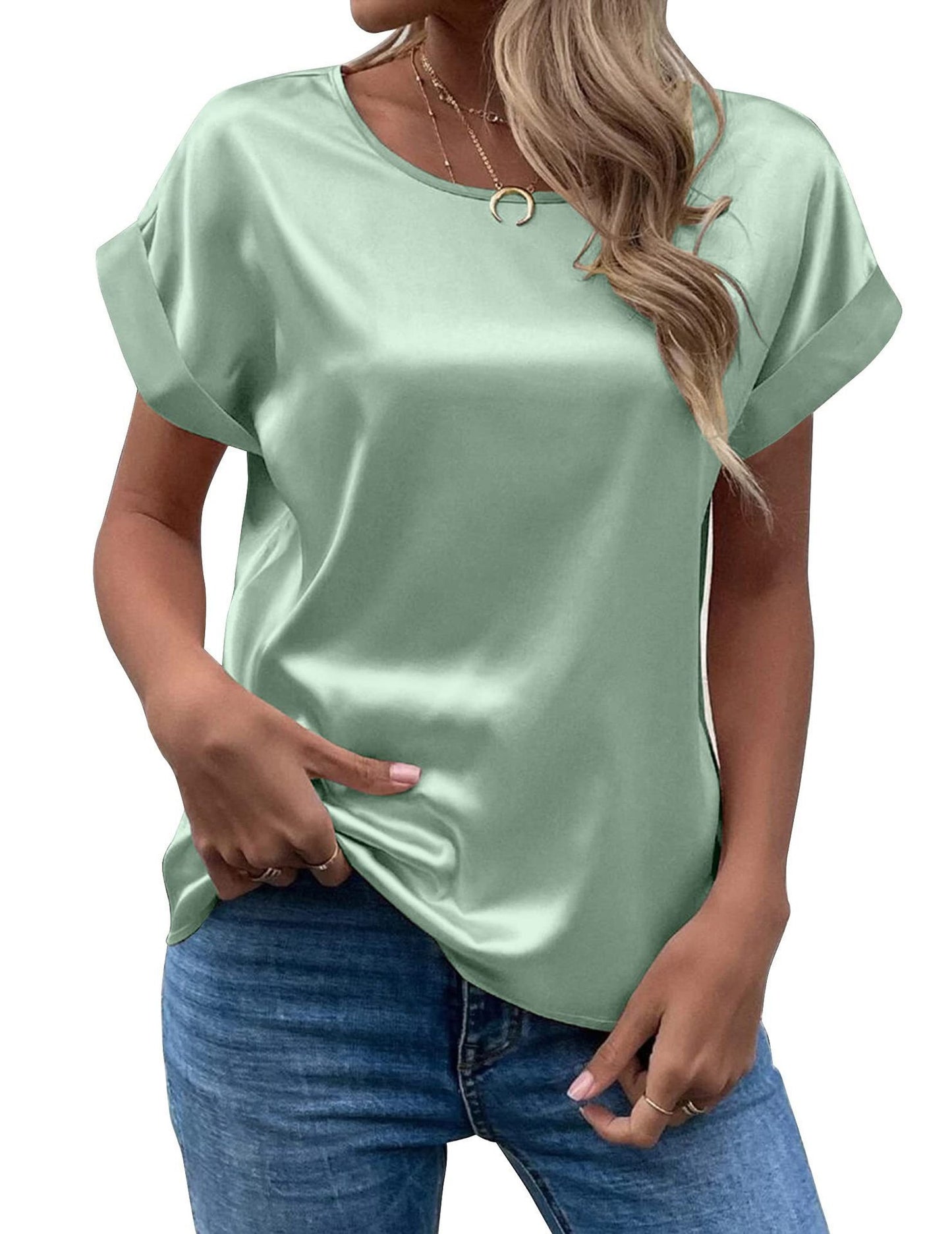 Women's Short-sleeved Satin Shirt Loose-fitting Casual T-shirt Blouses