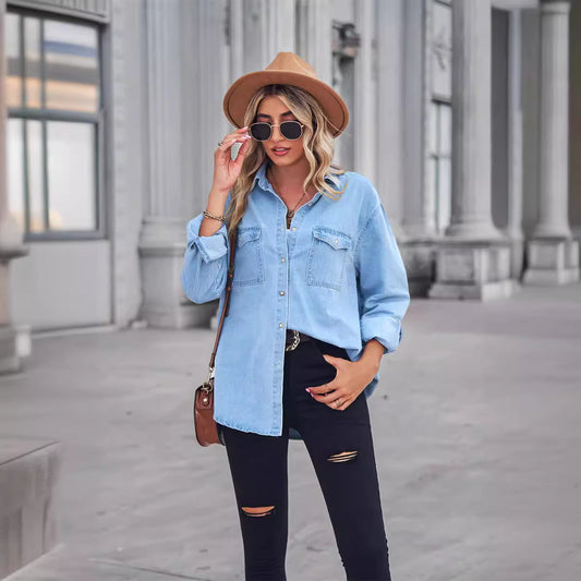 Women's Light Color Figure Flattering Thin Denim Long Sleeve Blouses