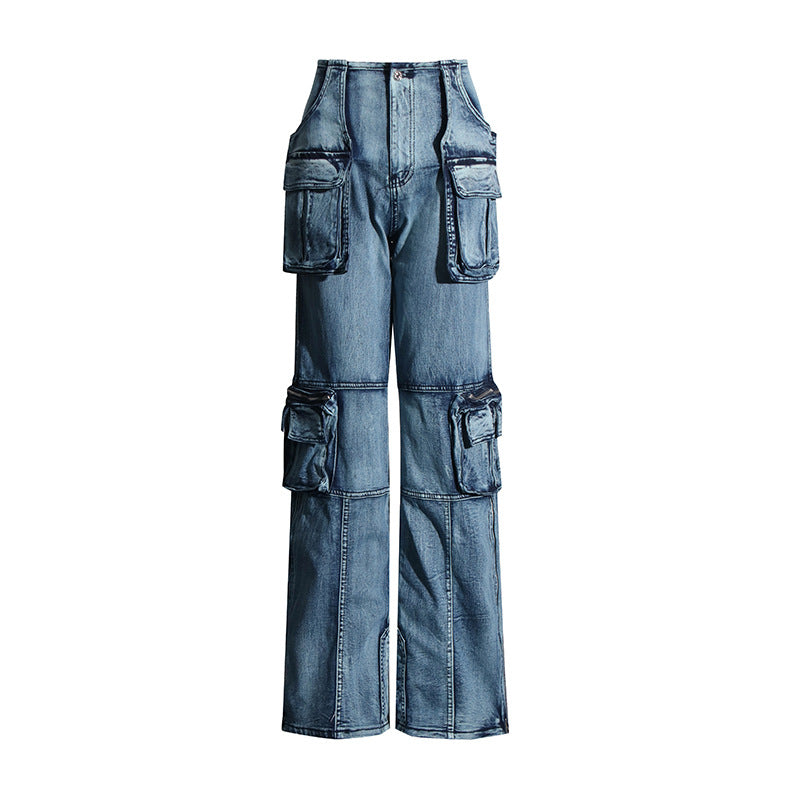 Women's Large Pocket Slimming Patchwork Denim Trousers Jeans