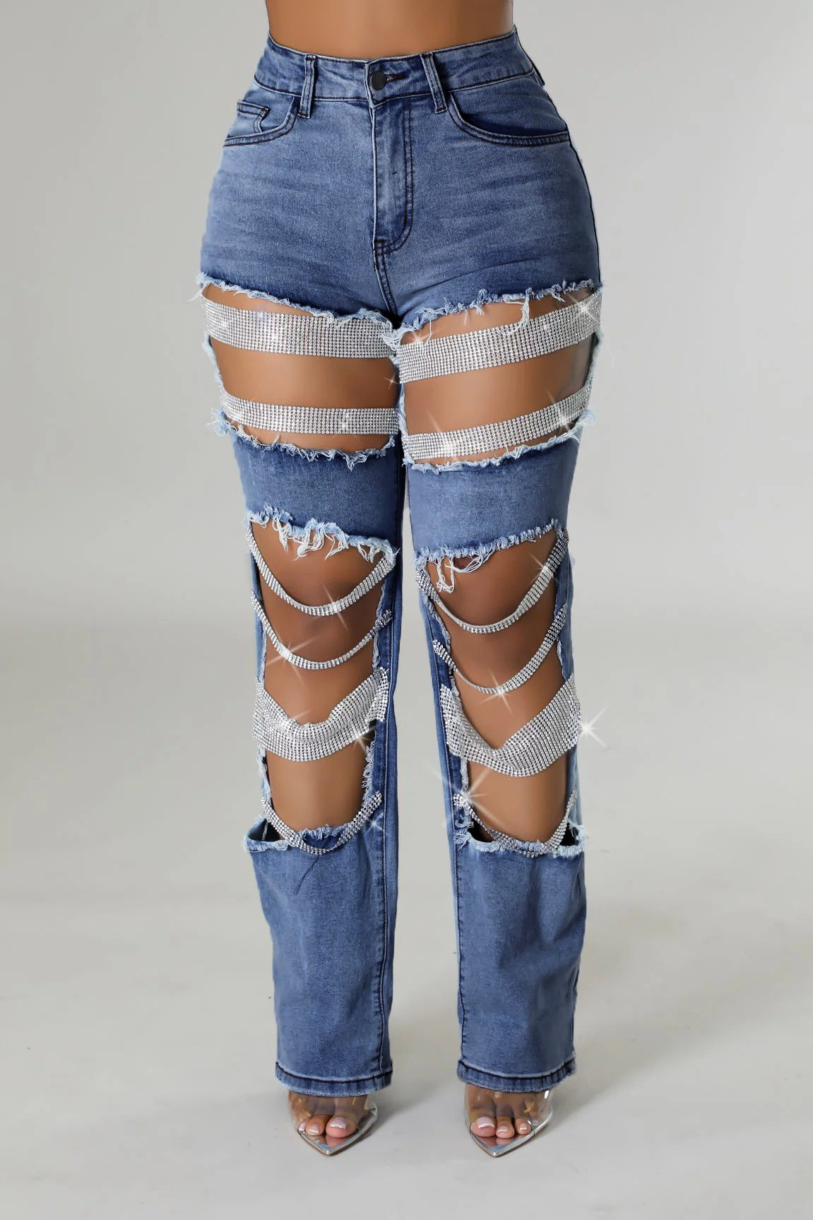 Women's Hot Summer Ripped Beaded Stretch Trousers Jeans