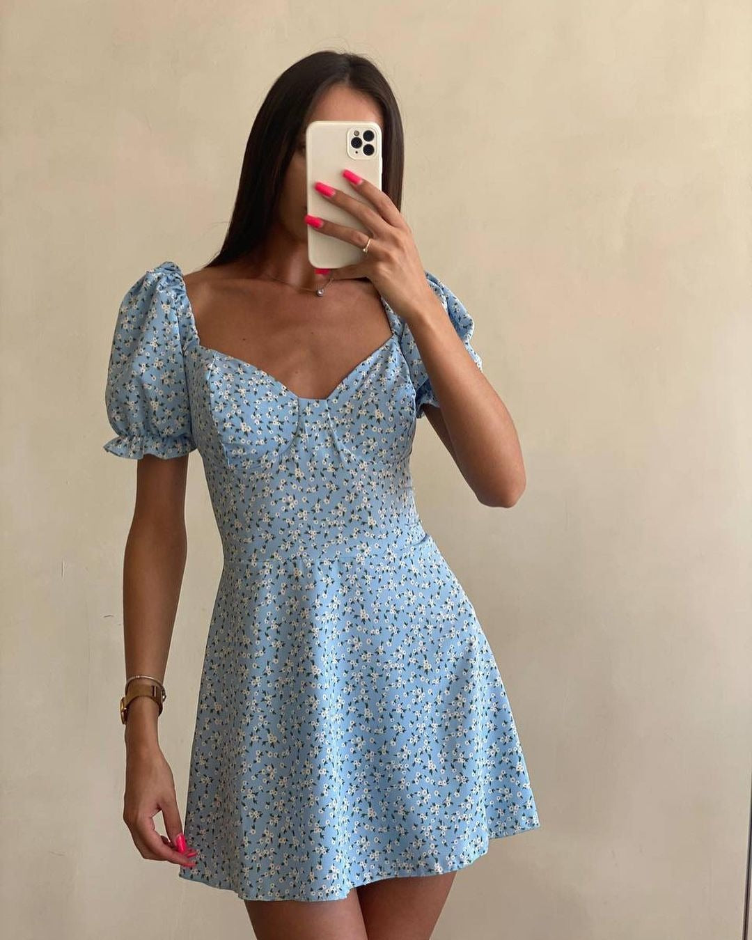 Women's Floral High Waist Puff Sleeve French Dresses