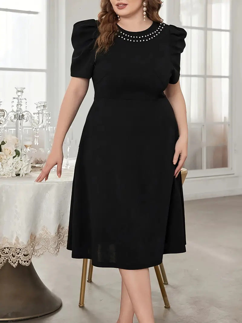 Robe ample à perles, élégante, manches duveteuses, grande taille