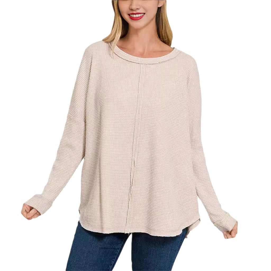 Women's Washed Waffle Cotton Long-sleeved T-shirt For Blouses