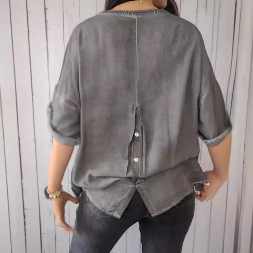 Women's Classic Cotton Linen Pure Shirt Blouses