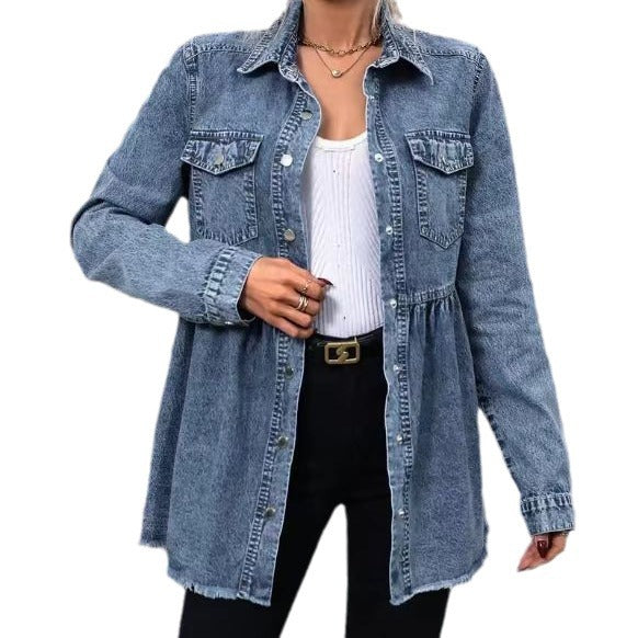 Washed Long Sleeve Raw Edge Denim Jackets