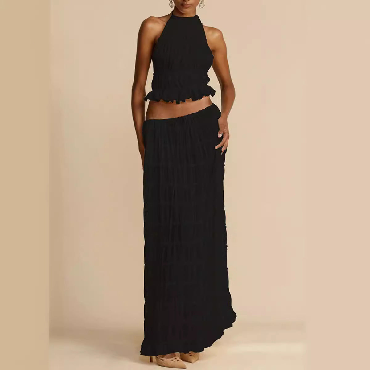 Sexy Backless Halter Pleated Lace Long Suits