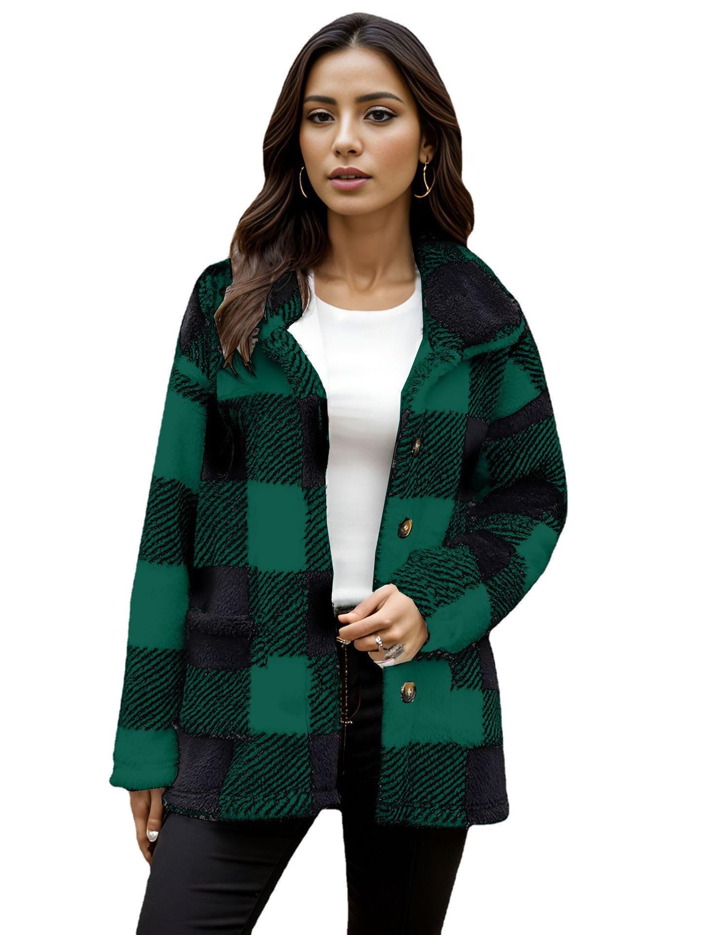 Women's Plush Long Sleeve Plaid Button Strip Coats