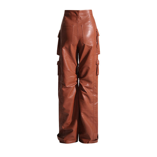 Women's Trousers Autumn Personality Stitching Loose Leather Pants