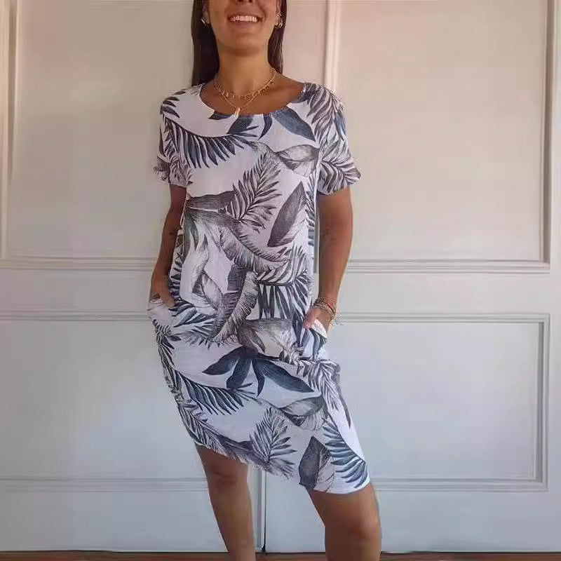 Robe imprimée à col rond et manches amples pour femmes