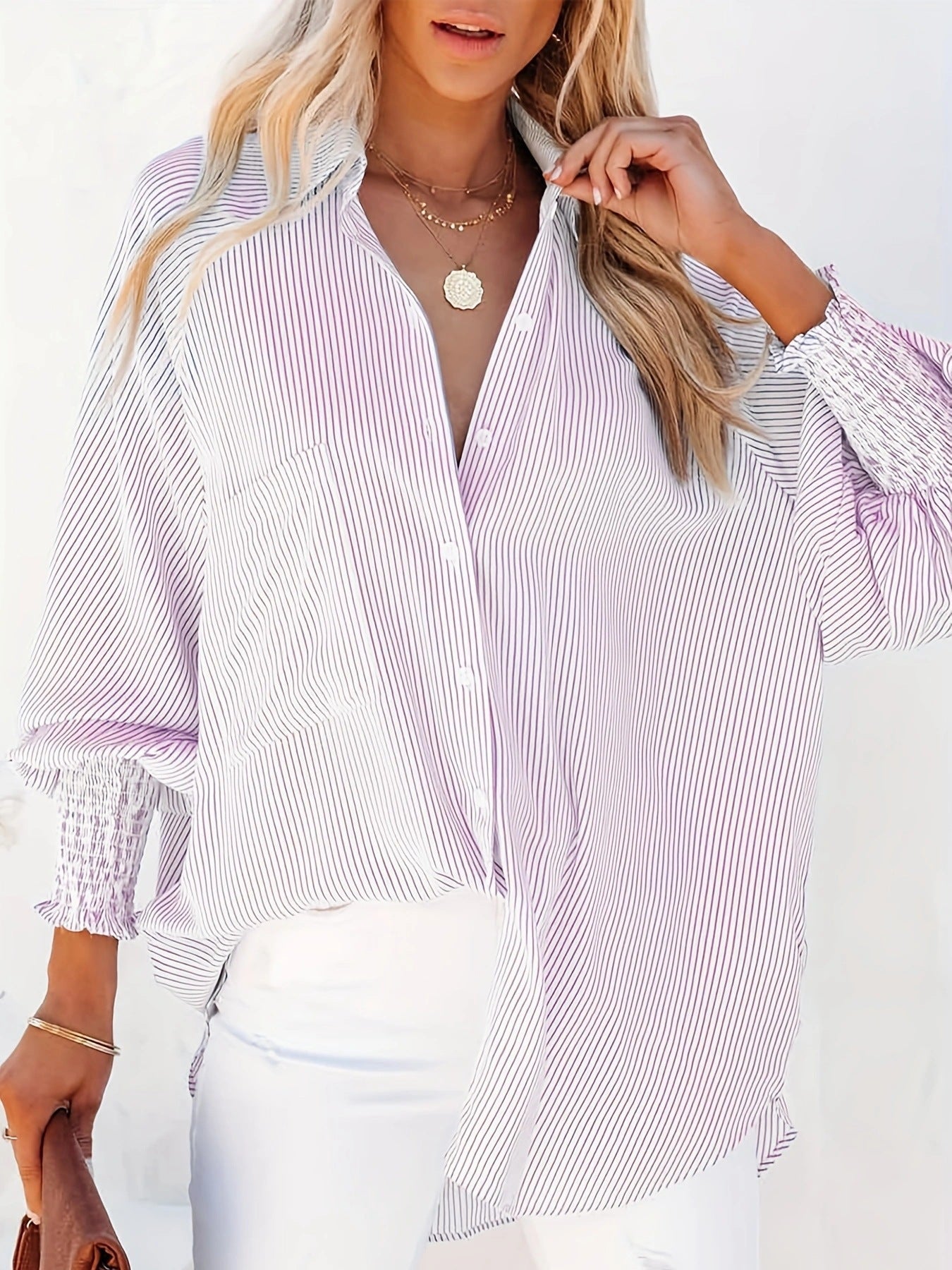 Women's Beach Vacation Sun Protection Mid-length Striped Shirt Blouses