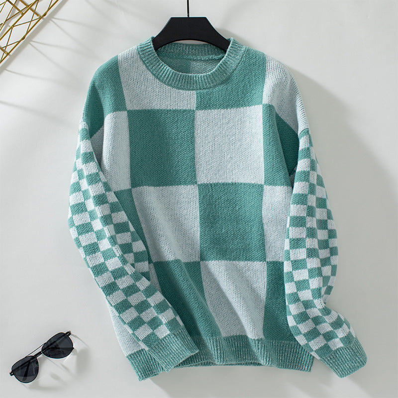 Women's Contrast Color Check Pullover Knitted Fashionable Sweaters