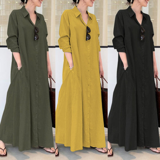 Cotton Linen Solid Color Lapel Long Sleeve Pocket Simple Dresses