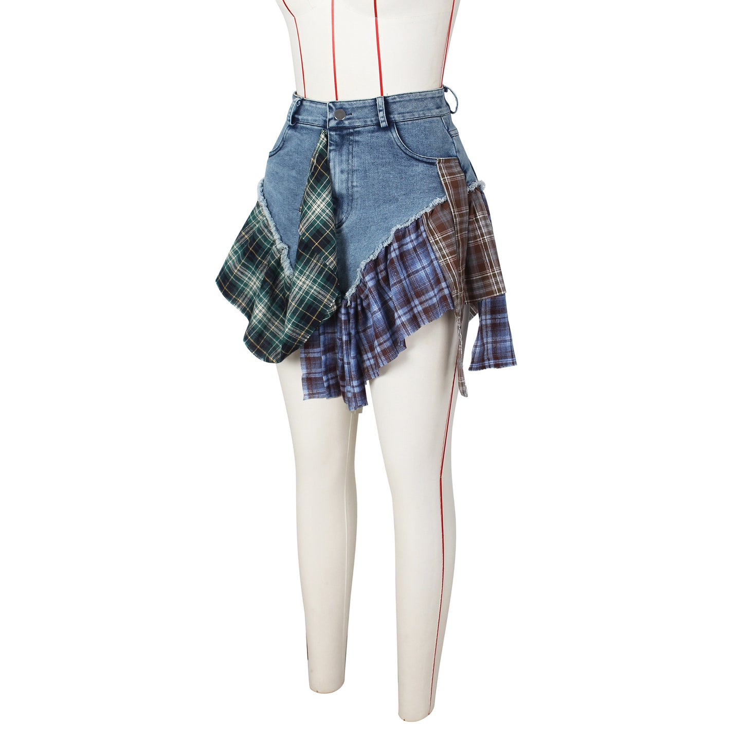 Women's Summer Sexy Irregular Plaid Stitching Denim Skirts