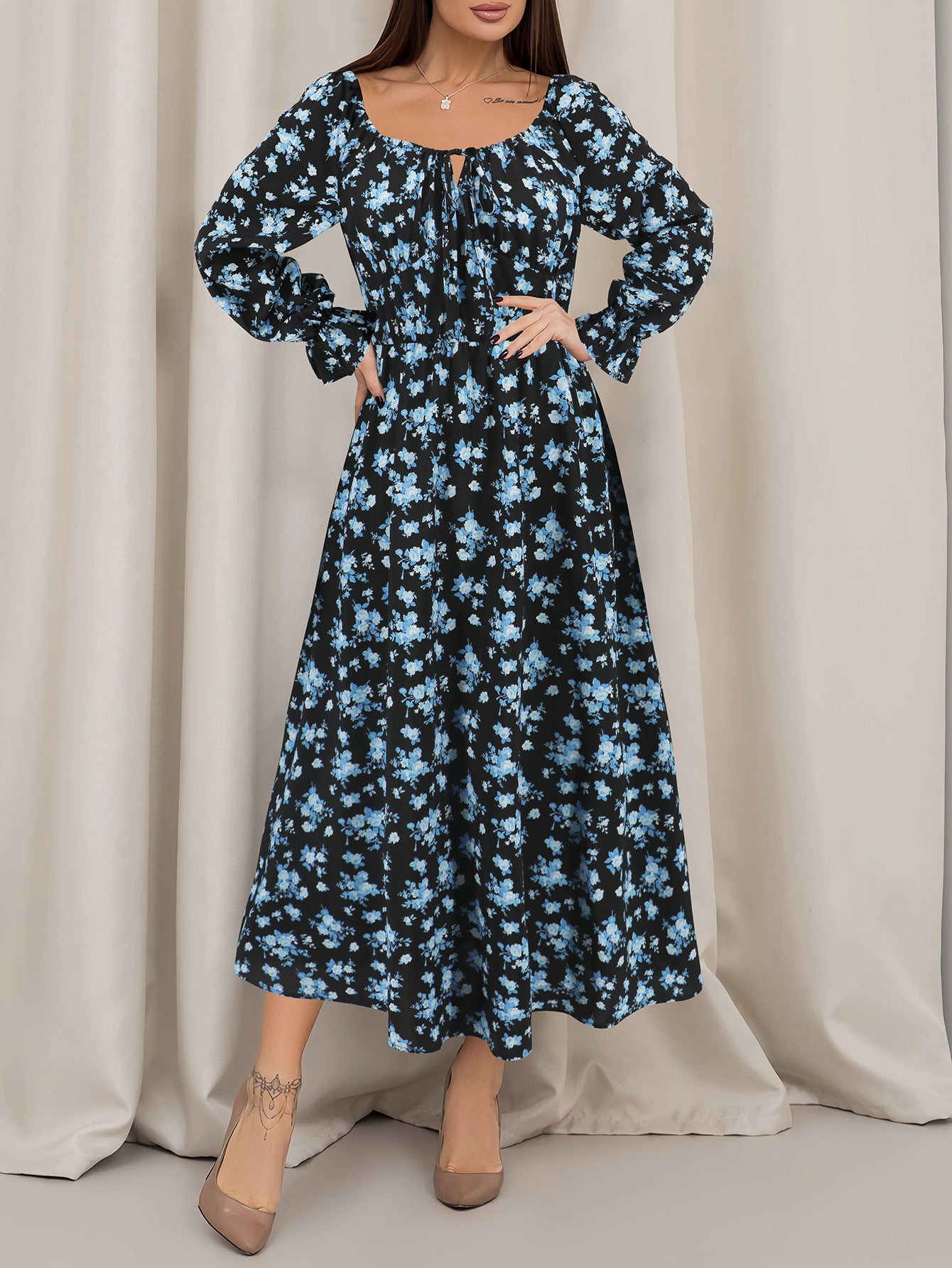 Robe élégante et gracieuse à manches lanternes, design tendance, robes carrées