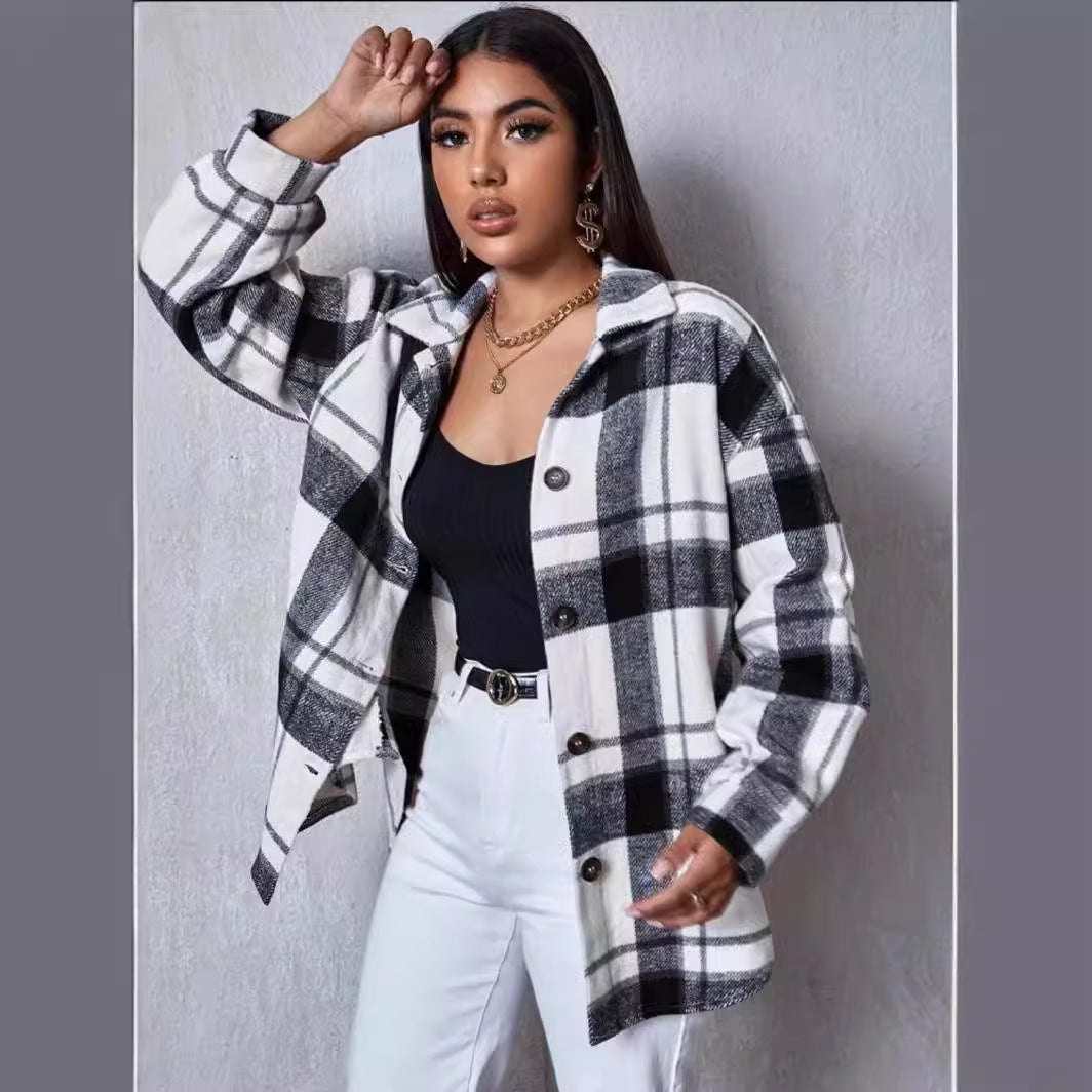 Spring Plaid Frayed Shirt Loose Fashion Blouses