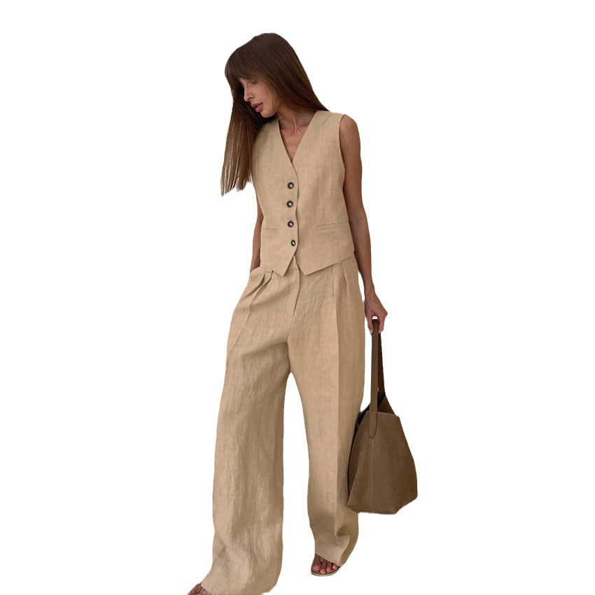 Women's Color Cotton Linen Commuter Trousers Two-piece Suits