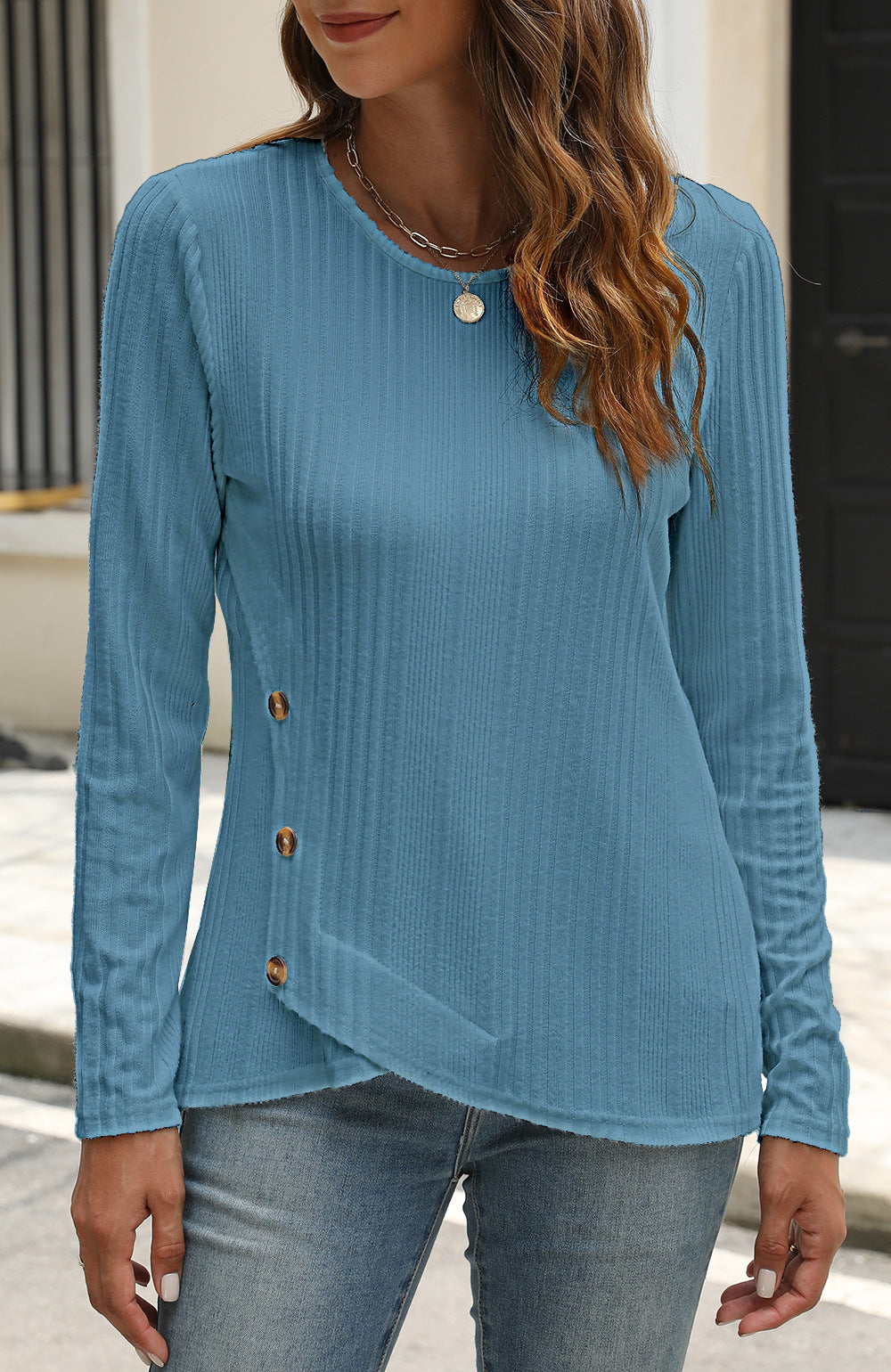 Women's Sunken Stripe Brushed Button Long-sleeved T-shirt Tops