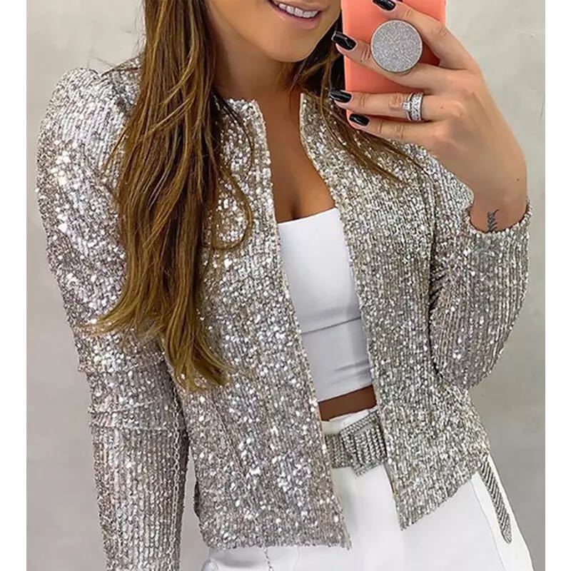 Women's Spring Fashion Stand Collar Color Matching Sequins Casual Shorts