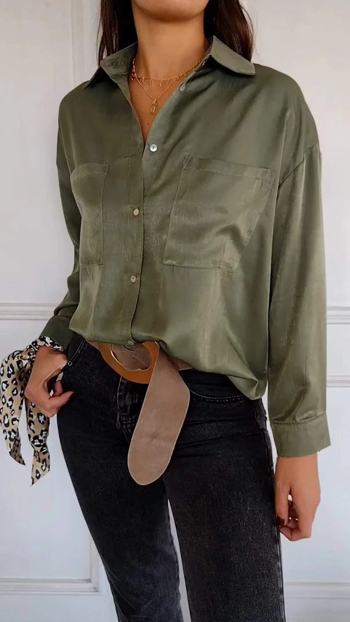 Stylish Step-in Casual Long-sleeved Pocket Shirt Blouses