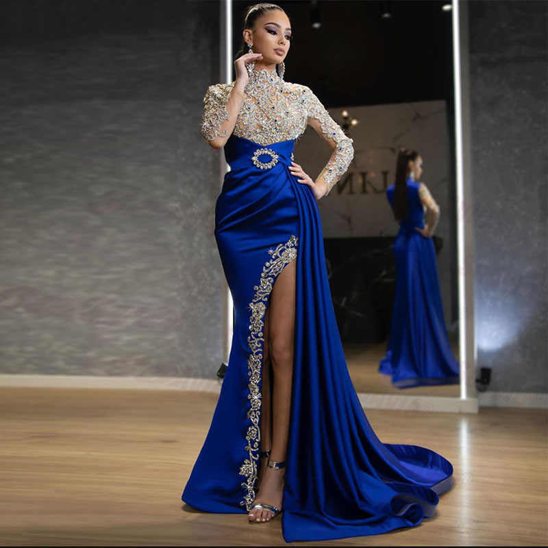 Women's Dress Blue Gold Round Neck Long Dresses