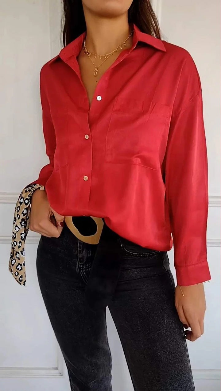 Stylish Step-in Casual Long-sleeved Pocket Shirt Blouses