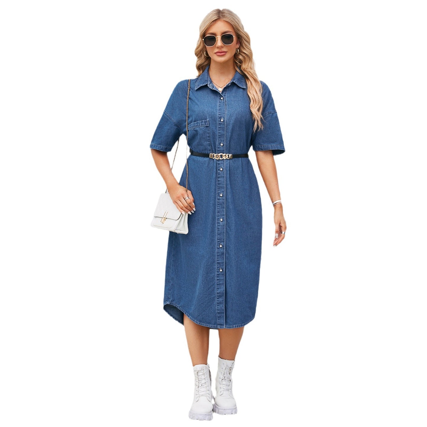 Robe longue ample à manches en denim délavé pour femme