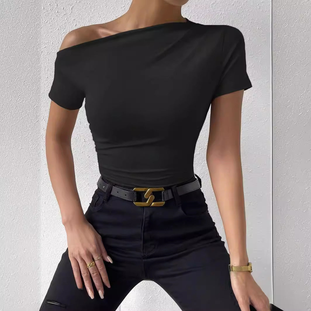 Slim Fit Pleating Irregular Sleeve T-shirt Blouses