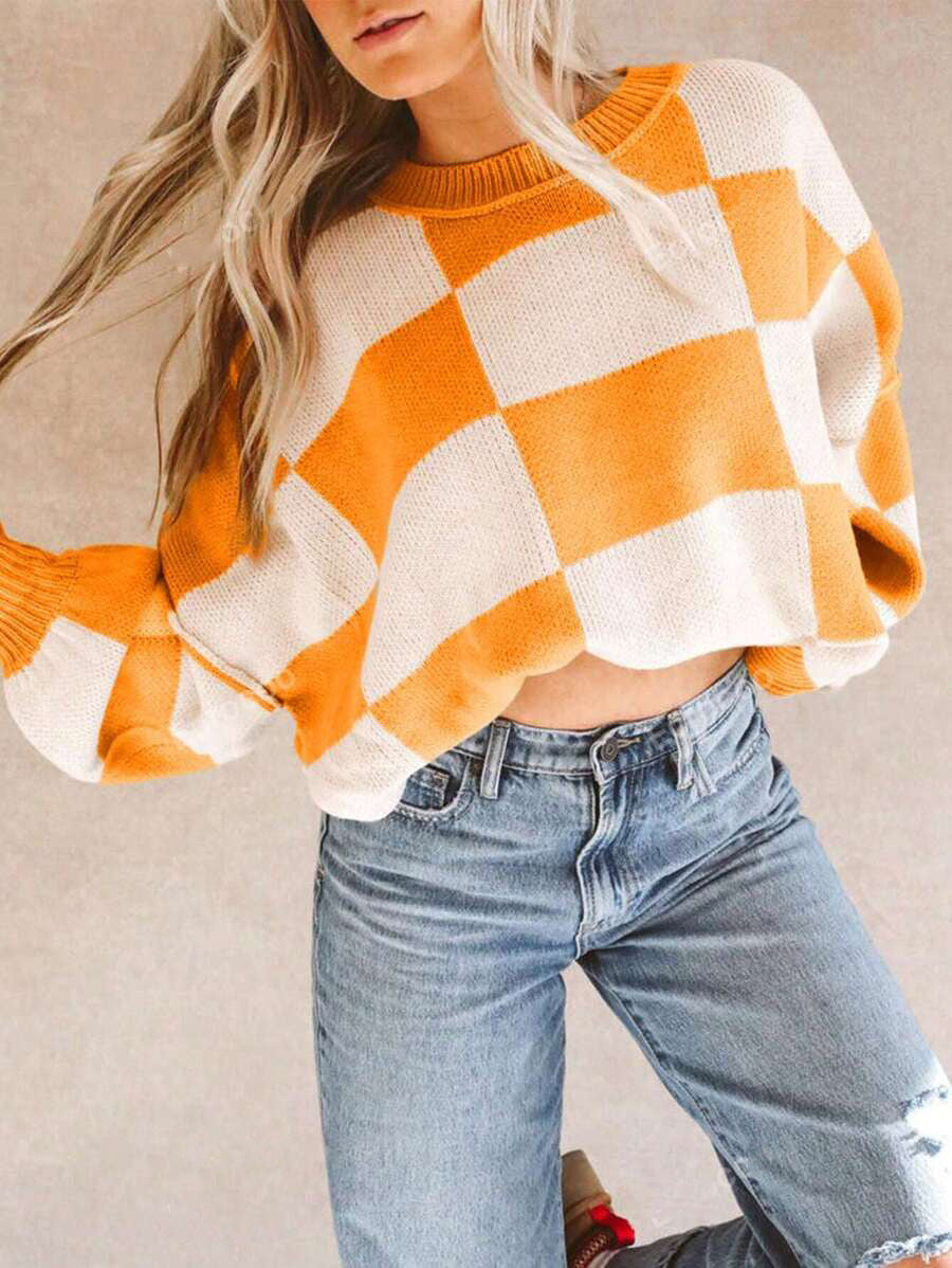 Women's Casual Plaid Long-sleeved Autumn Pullover Crew Knitwear