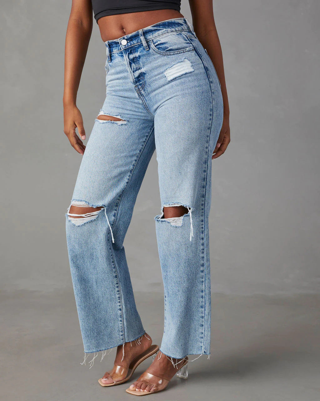 Women's Ripped Raw Hem Leisure Washed-out High Jeans