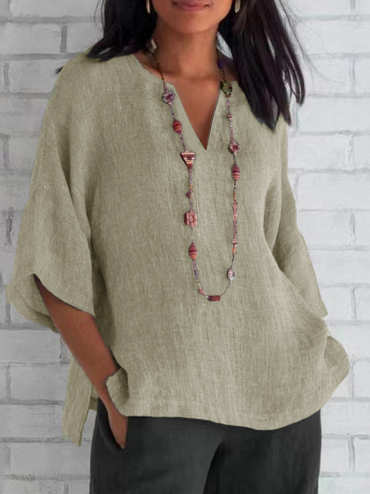 Women's Sleeves Cotton Linen Solid Color Loose Blouses