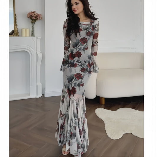 Women's Fashion Romantic French Floral Print Long Dresses