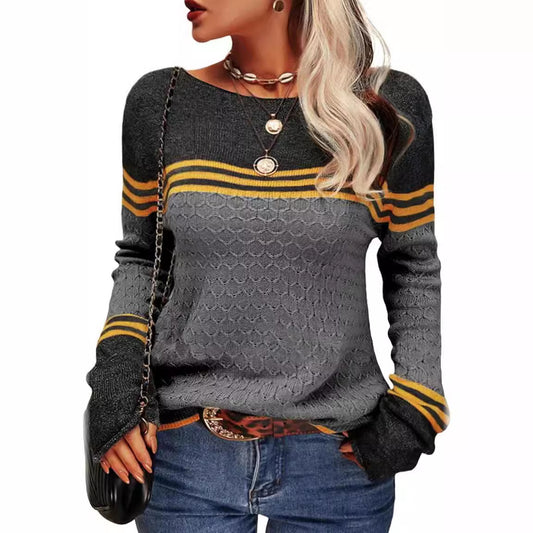 Women's Crocheted Long-sleeved Striped Crew Neck Knitted Sweaters