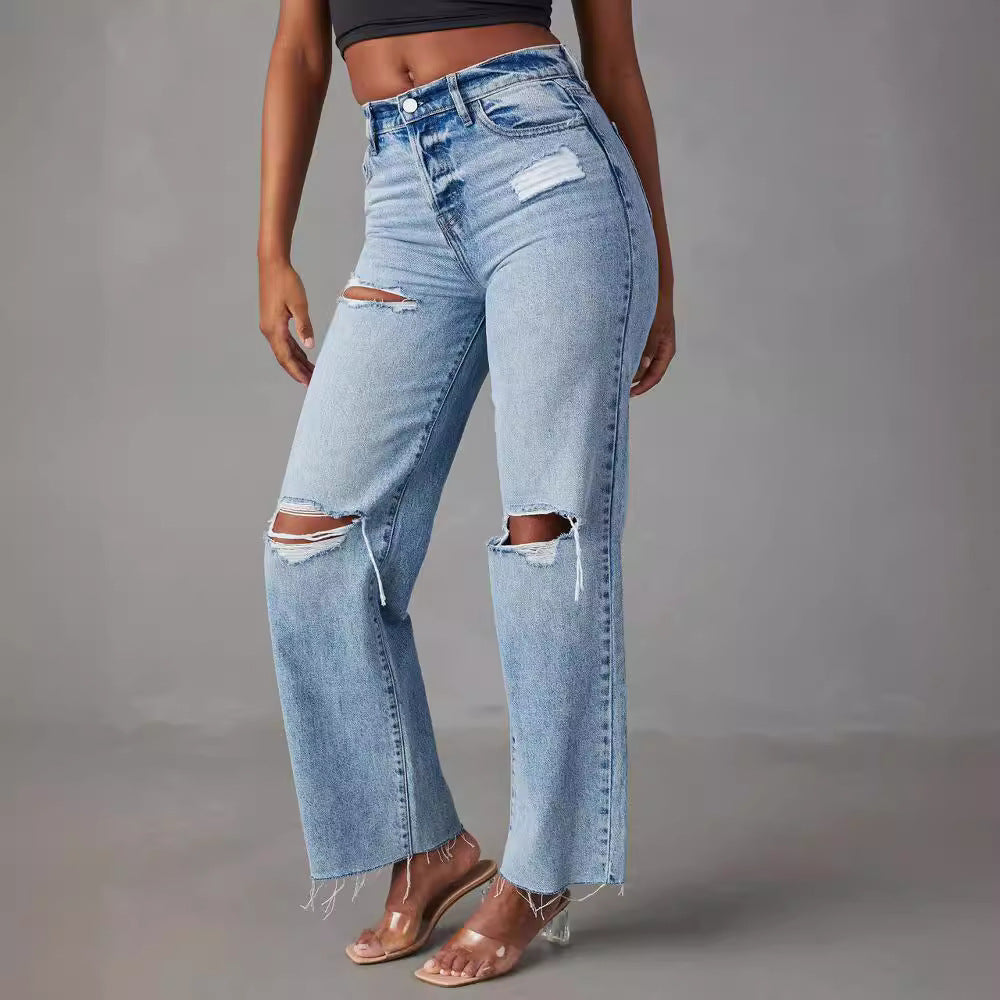 Women's Ripped Raw Hem Leisure Washed-out High Jeans