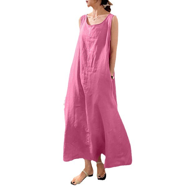 Women's Summer Long Strap Cotton Linen Simplicity Style Loose Pockets Dresses