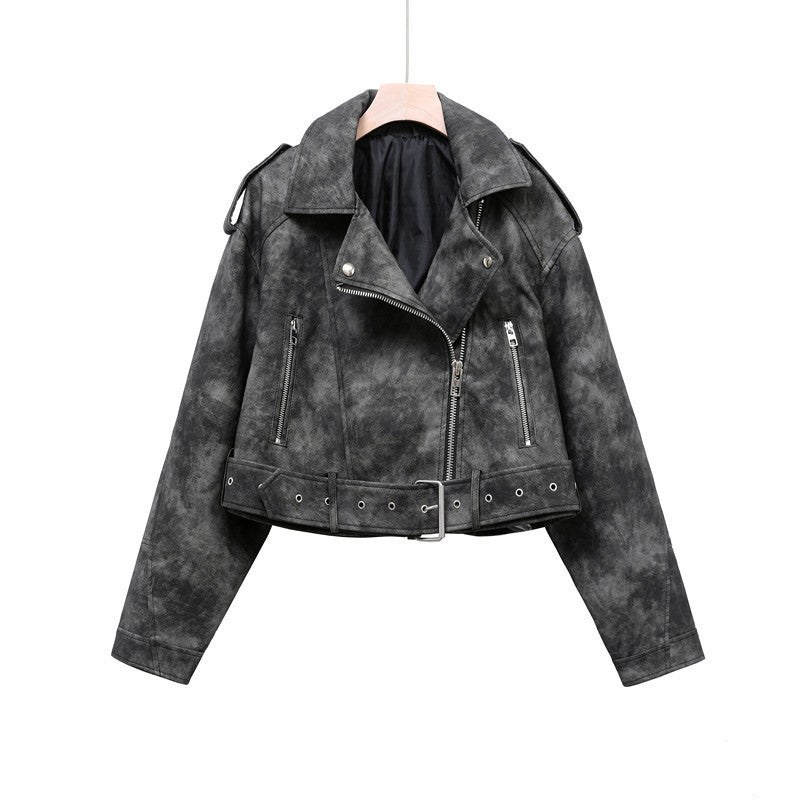 Women's Two-color Leather Distressed Lapel Baggy For Jackets