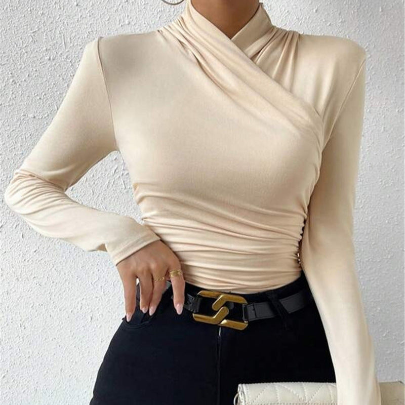 Design Cross Collar Slim Fit Pleating Blouses