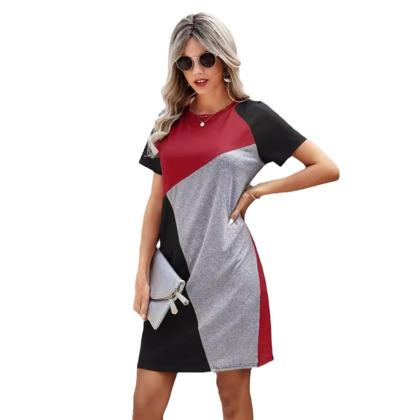 Women's Contrast Stitching Irregular Sleeve Dress Summer Skirts