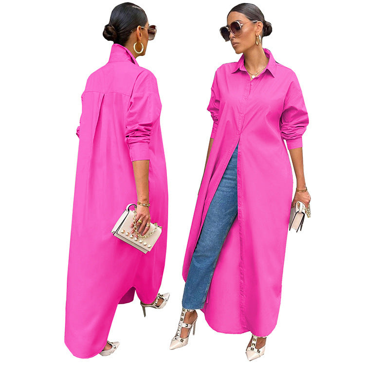 Women's Fashion Casual Solid Color Long Shirt Blouses