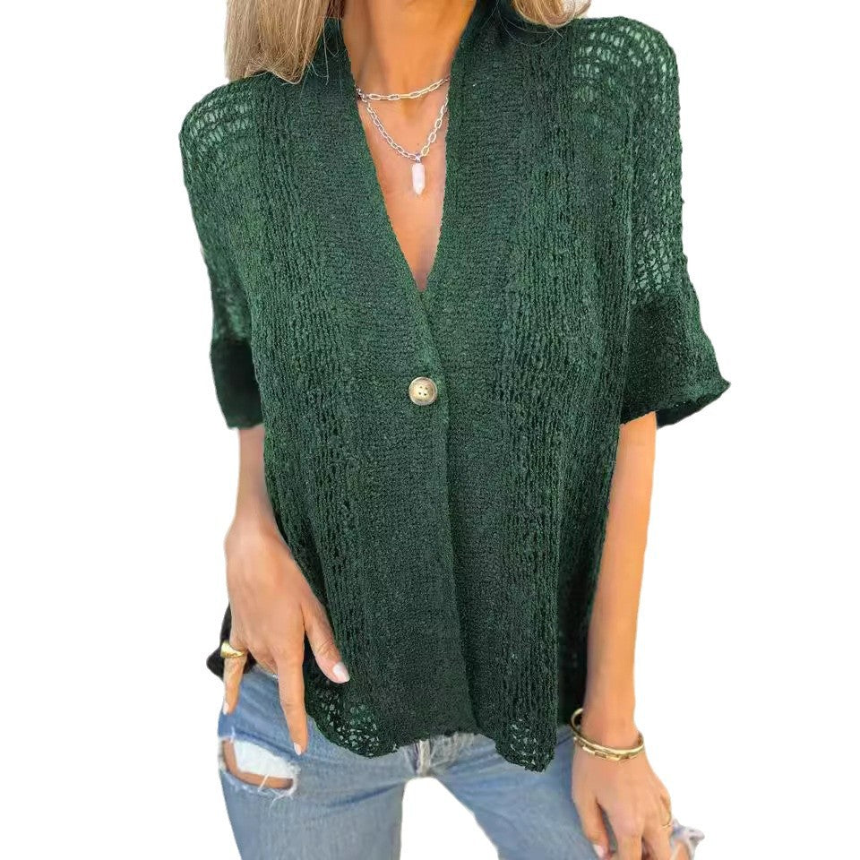 Women's One Button Half Sleeve Hollow Out Knitwear