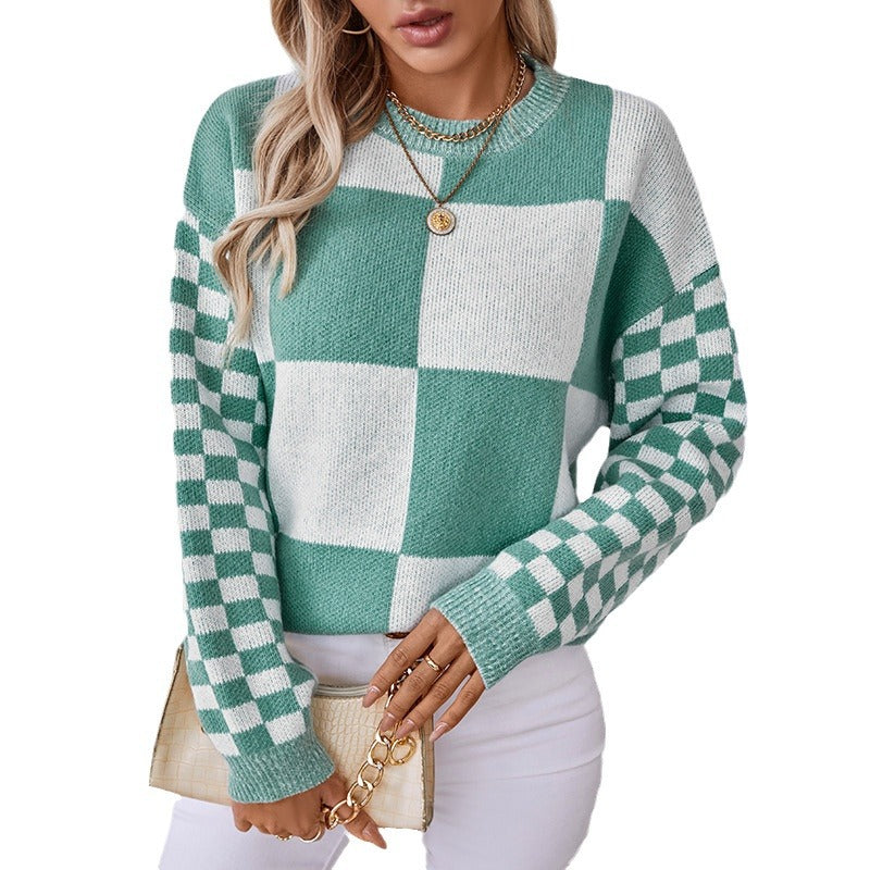 Women's Contrast Color Check Pullover Knitted Fashionable Sweaters