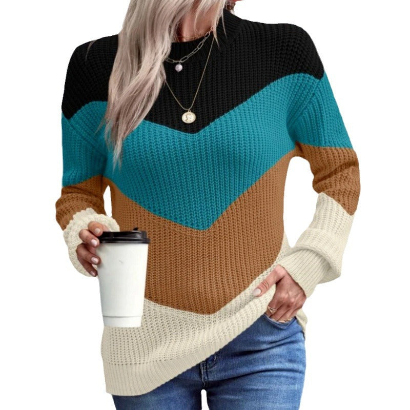 Women's Contrast Color Round Neck Pullover Stripe Sweaters