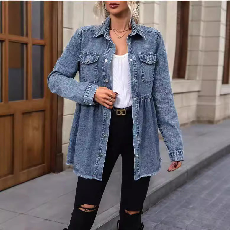 Washed Long Sleeve Raw Edge Denim Jackets