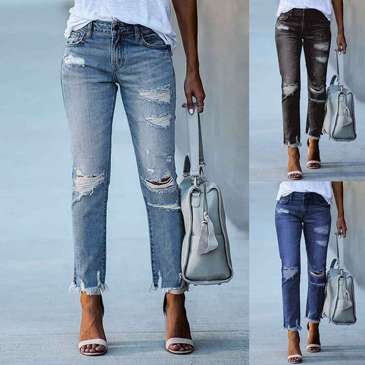 Women's Straight Tasseled Slim Fit Ripped Trousers Jeans