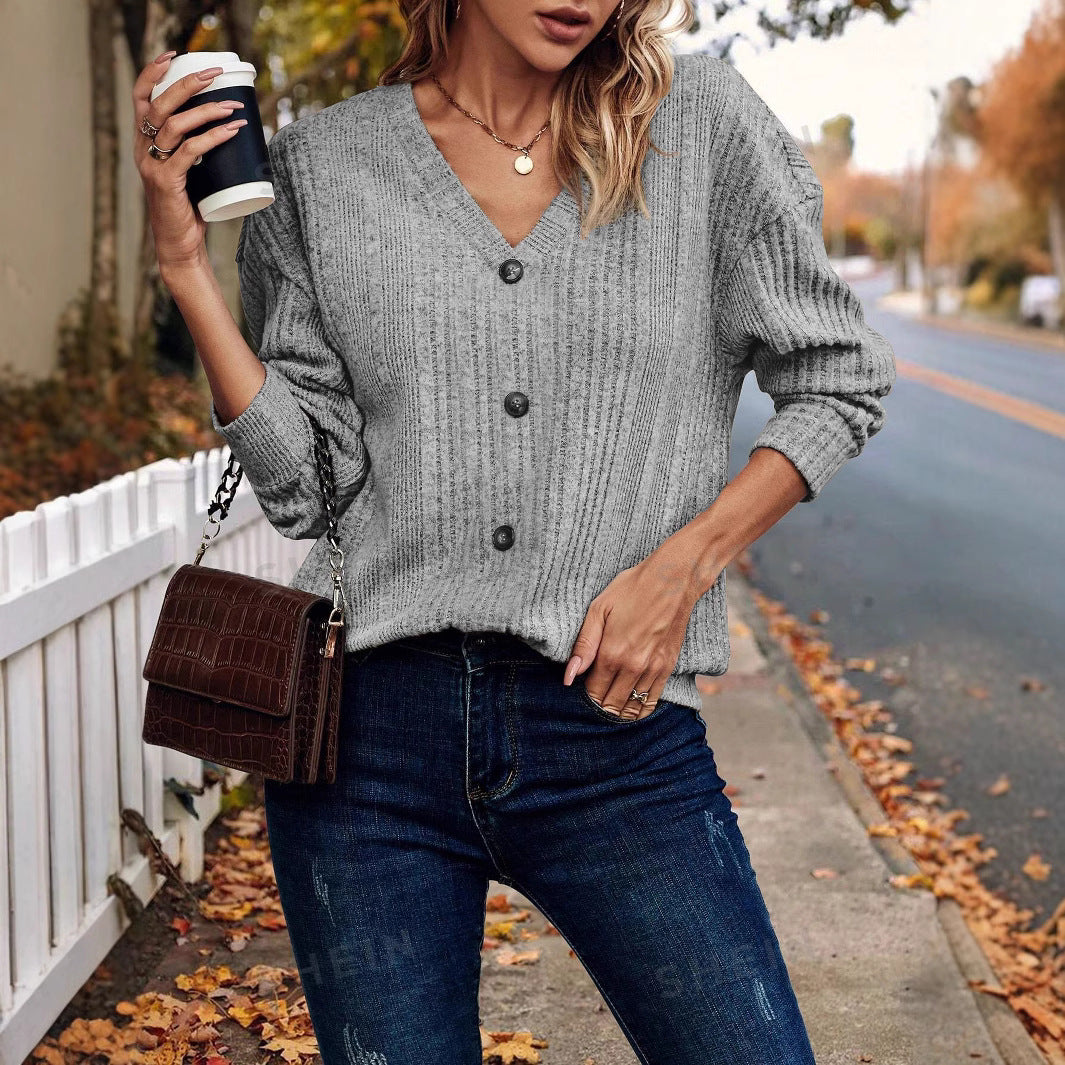 Women's Knitted Button Casual Long-sleeved Loose T-shirt Knitwear