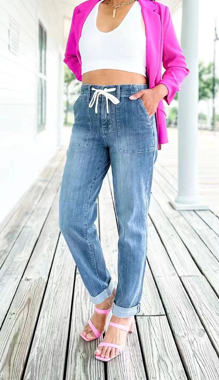 Women's Loose Harem Elastic Waist Casual Straight Jeans