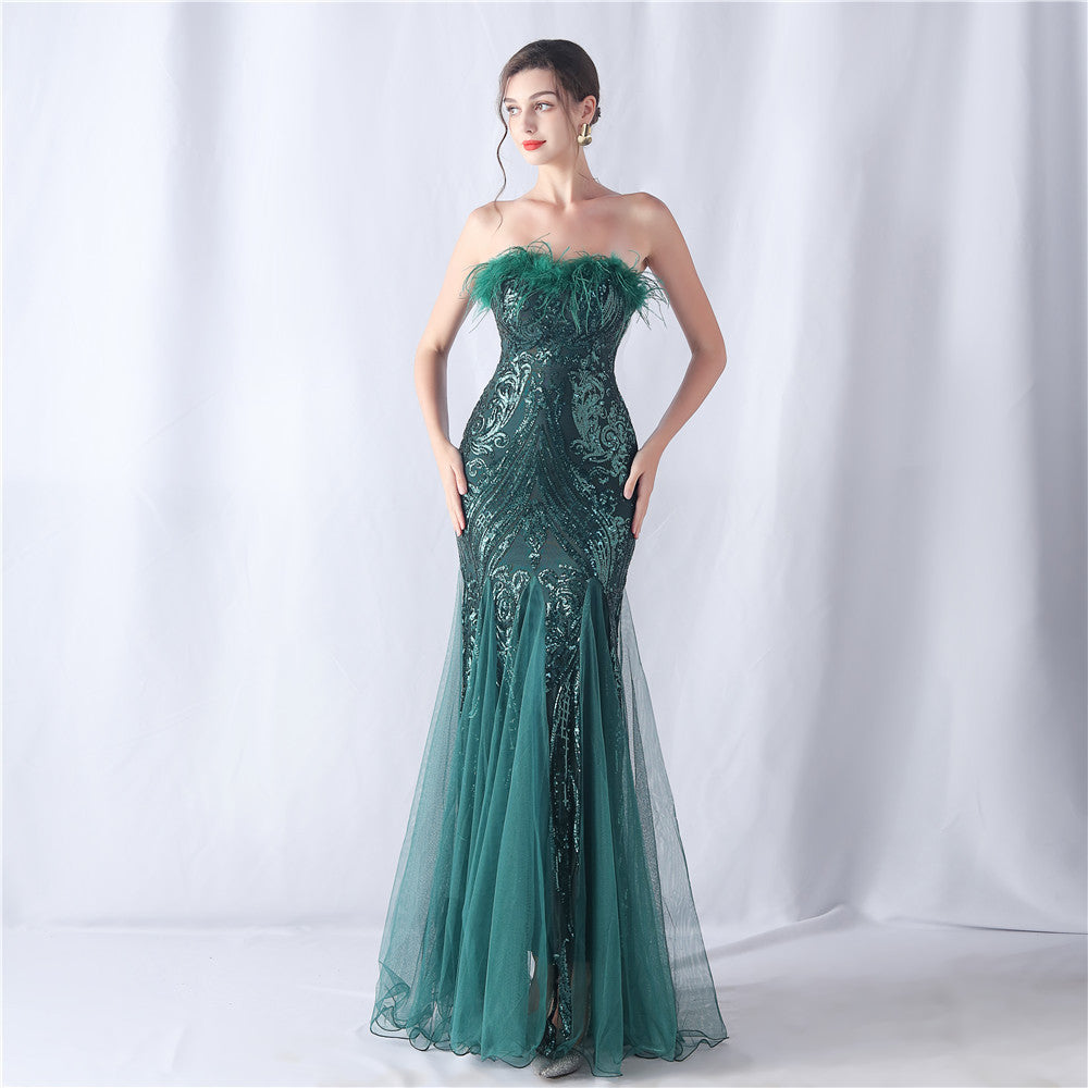 Positioning Flower Cutting Tube Sequin Gauze Evening Dresses