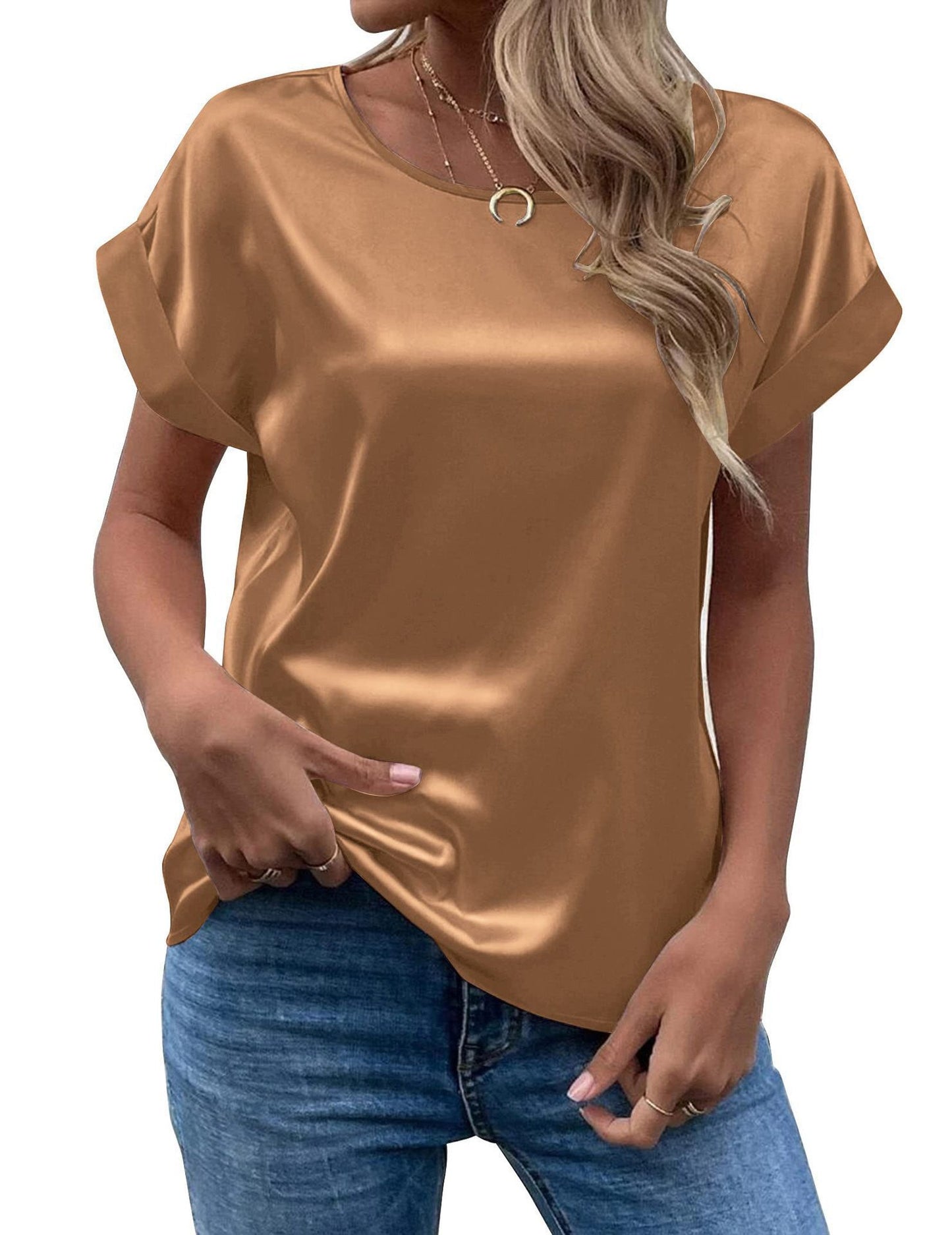 Women's Short-sleeved Satin Shirt Loose-fitting Casual T-shirt Blouses