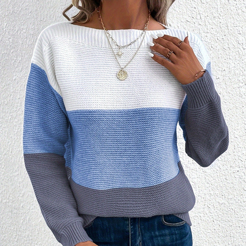 Women's Knitted Color Contrast Patchwork Round Neck Sweaters