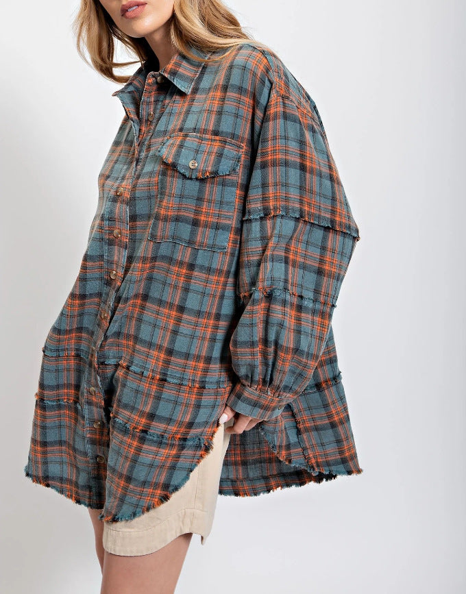 Women's Autumn Fashion Tassel Loose Casual Plaid Blouses