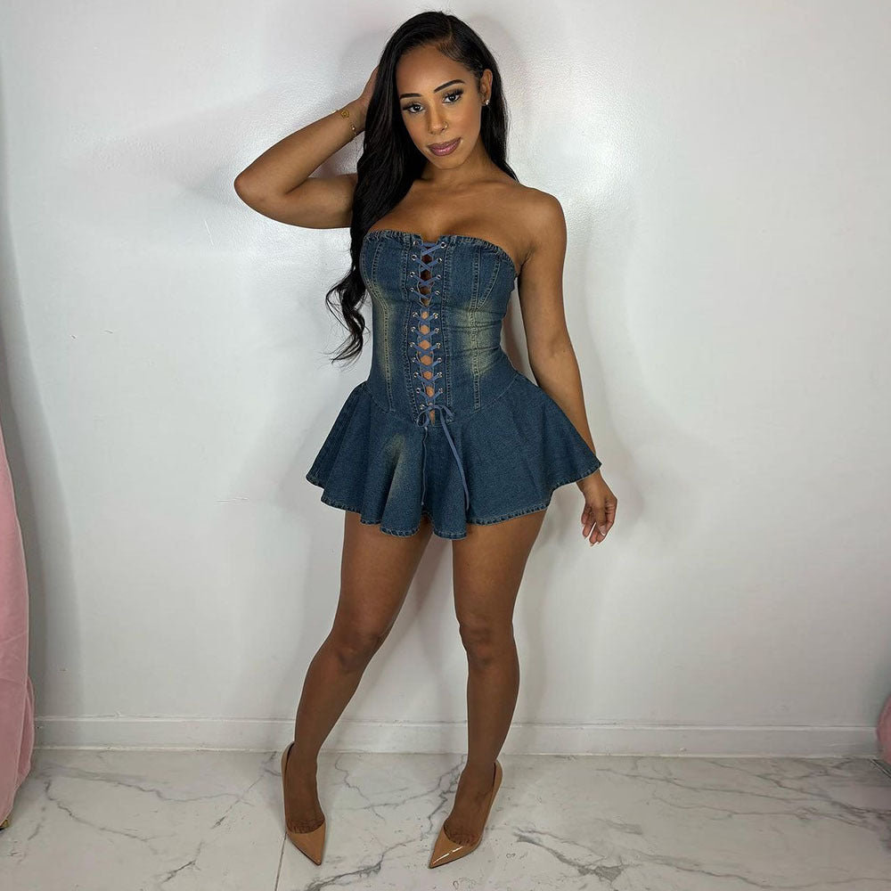 Women's Dress Zipper Bandeau Sexy Hot Denim Dresses